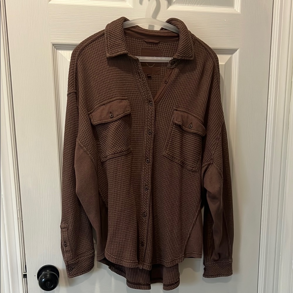 Brown Waffle Knit Button-Up Shirt